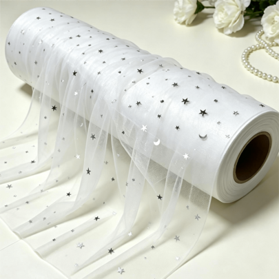 1 Roll Star Moon White Mesh Fabric, Lightweight Transparent Polyester Soft Mesh, Suitable For Wedding Veil, Wedding Decor, Floral Packaging, Photography Backdrop, Handmade DIY Decoration, Christmas, Wedding, Thanksgiving, Valentine's Day, New Year, Party Decoration, Birthday Decoration, Can Be Used To Wrap Wedding Pillars, Make Dessert Table Hanging Curtains, Floral Outer Layer Lining, Very Suitable For Christmas Holiday Table Setting, New Year Party Ceiling Decoration
