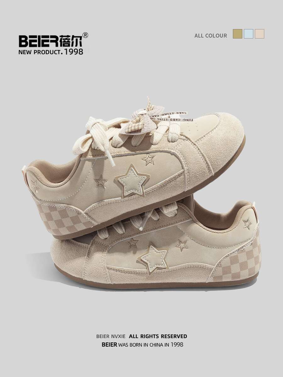 BEIER 1 Pair Star Fashion PU Leather Lace-Up Casual Shoes, College Style, All Seasons
