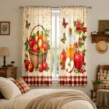 2 Sets Of Digital Retro Country-Style Apple-Print Filtering Curtains, In Rod Bag Style, Fade-Resistant, Washable By Hand And Machine, Hook-Free Design, Suitable For Home Decoration In Living Room, Bedroom And Study Area. - Multicolor - View 5
