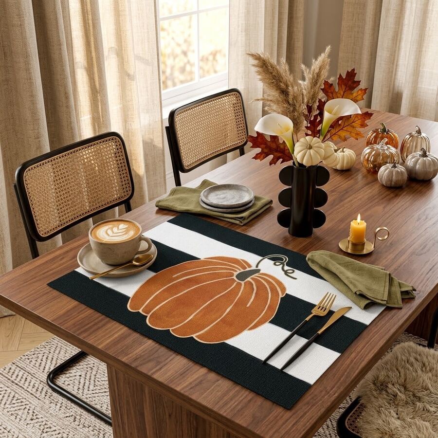 1/4/6pcs Autumn Series Black & White Striped Hand-Painted Pumpkin Pattern Printed Placemats, Heat-Resistant Table Mats For Home Kitchen, Table Protection, Kitchen Dining Table, Party Decor