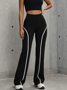 Hidkat Women's Fashion Solid Color Patchwork Waistband Letter Yoga Casual Sports Knit Long Pants - Black and White - View 5