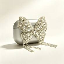 Glam Rhinestone‑Encrusted Big Butterfly Tassel Earbud Case, Matte Silver Hard Shell Shock‑Absorbing Luxury Bling Earphone Protective Cover With Decorative Butterfly Ornament. 1/2/3/4/Pro/Pro2(Nd)/Pro(3rd) - Silver-bright - View 3