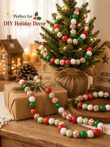 105pcs Christmas Wooden Beads Set (Includes Jute Rope) - Red, Green, White Three-Color Mint Candy Shaped Round Wooden Beads, Suitable For DIY Wreaths, Tiered Tray Decor And Handmade Crafts - Multicolor - View 4