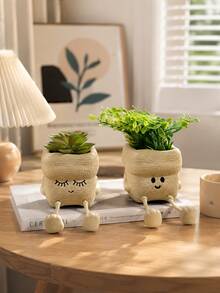 2pcs Cute Cartoon Face Ceramic Succulent Planter With Hanging Dangling Legs, Creative Funny Plant Pot, Decorative Plant Holder For Desktop Home Office Shelf Decor, Gift For Plant Lovers - Khaki - View 1