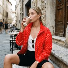 Vintage Red Polka Dot High Neck Drawstring Short Jacket Long Sleeve Loose Casual Outerwear Summer - Red - View 3