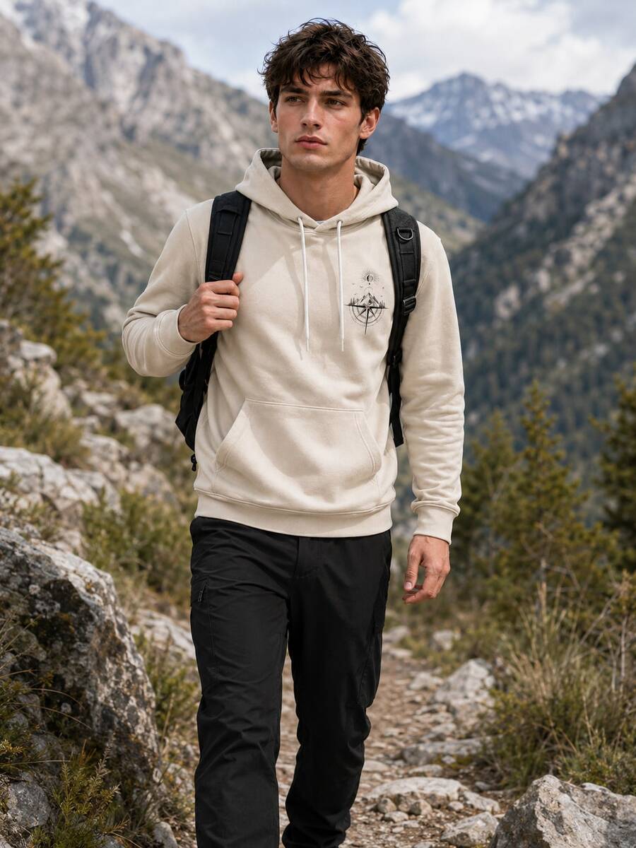 Sweatshirt Pria Warna Krem Motif Kompas Gunung Matahari Bulan, Sweatshirt Lengan Panjang dengan Saku Tali Serut untuk Aktivitas Luar Ruangan dan Mendaki Gunung, Kasual - Aprikot - View 1