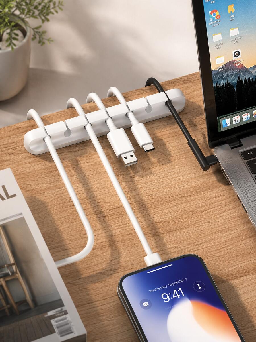 1/2/3pcs Black & White Clip-On Self-Adhesive Cable Organizer, Compatible With C/Lightning/A Interface, Suitable For Phone, Tablet, Laptop, Earphone Desktop And Car Cable Management, Space-Saving Cable Organizer Accessory