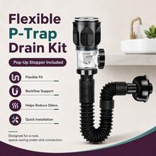 Flexible P-Trap Drain Kit With Pop-Up Stopper – Space-Saving Under-Sink Connection, Bends To Fit Tight Spaces & Offset Drains, Trap Design Reduces Odors & Blocks Backflow – Quick DIY Install For Bathroom & Kitchen Sinks. - Single Bowl Kitchen Sink Drain - View 1