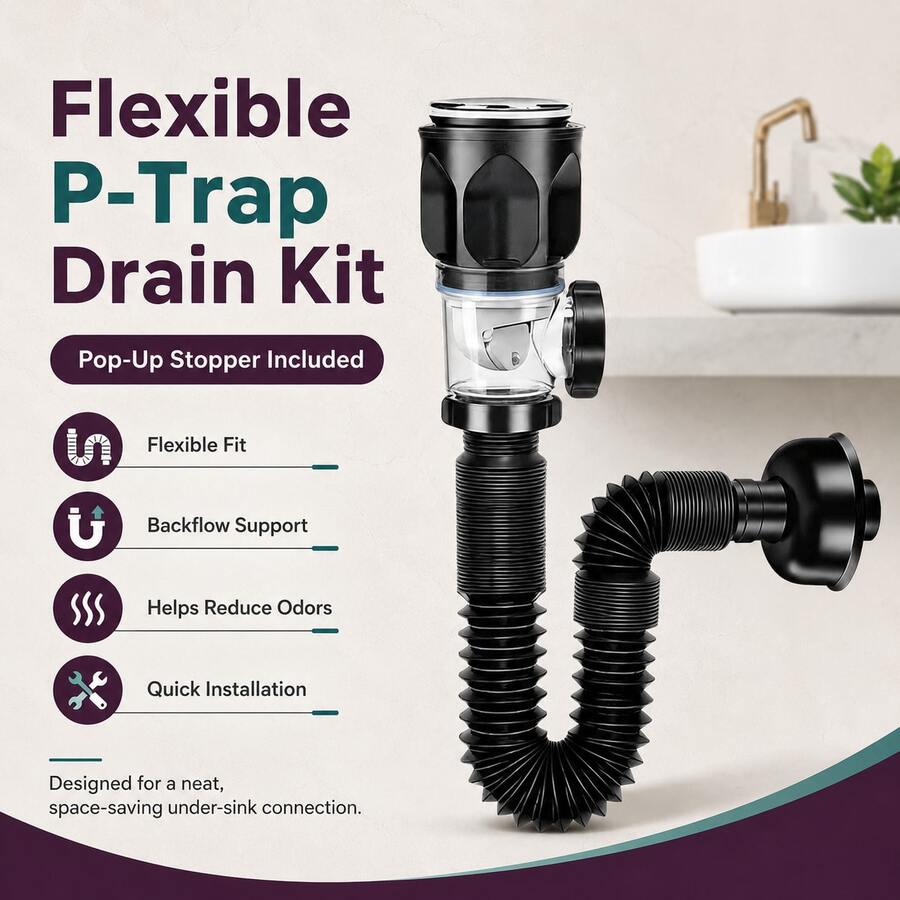 Flexible P-Trap Drain Kit With Pop-Up Stopper – Space-Saving Under-Sink Connection, Bends To Fit Tight Spaces & Offset Drains, Trap Design Reduces Odors & Blocks Backflow – Quick DIY Install For Bathroom & Kitchen Sinks. - Single Bowl Kitchen Sink Drain - View 1