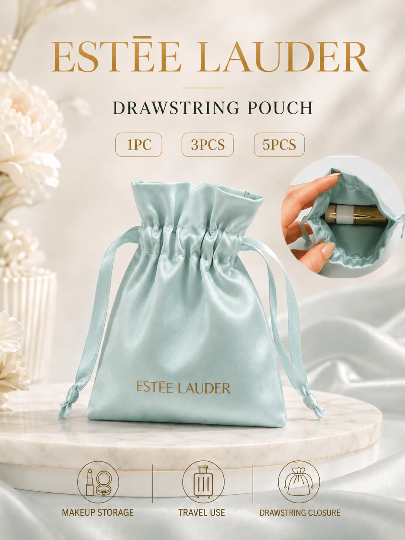 Estée Lauder Drawstring Pouch (Plain Version) 15*11cm, Smooth Satin Fabric, Compact, Exquisite, Convenient, For Storing Cosmetics And Makeup Brushes
