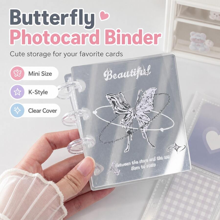 1pc Butterfly Acrylic Loose-Leaf Small Card Album, Korean Style Compact Waterproof Hard Shell, Suitable For Idol Fans To Store Celebrity Photocards And Polaroids - A5 - View 1
