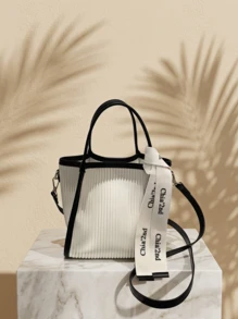 CAJUNI Letter Tape Decor Contrast Binding Square Bag - Beige - View 4