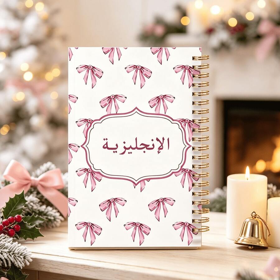 1pc Golden‑Coil Spiral Bound Notebook,Cute Pink Watercolor Bow Pattern Arabic Cover Journal,English Learning Exercise Diary,Language Study Supplies,Back‑To‑School,Ramadan,Birthday & Christmas Gift For Girls,Female Students & Learners In Middle‑East - A - View 1