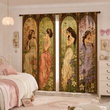 2pcs Retro Beauty Printed Filter Curtains, Pole Pocket Curtains, Suitable For Living Room, Bedroom, And Home Decoration. Classical Beauty Room Decoration - Multicolor - View 1