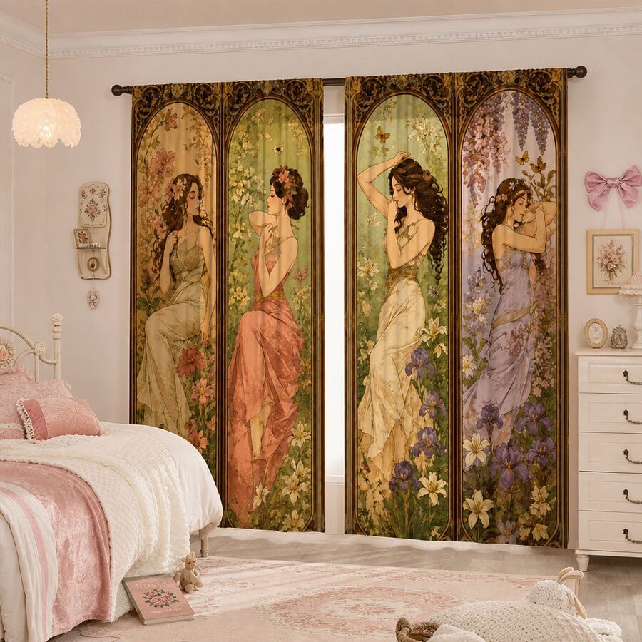 2pcs Retro Beauty Printed Filter Curtains, Pole Pocket Curtains, Suitable For Living Room, Bedroom, And Home Decoration. Classical Beauty Room Decoration - Multicolor - View 1