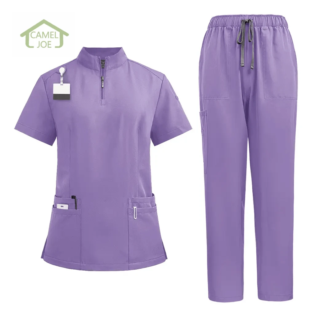 CAMEL JOE Uniforme de Trabajo para Hombre y Mujer, Conjunto Médico con Bolsillos, Diseño Cómodo y Ligero para Clínica y Estética,Uniforme Enfermera Femenina Pantalones Filipinos Cuello Alto