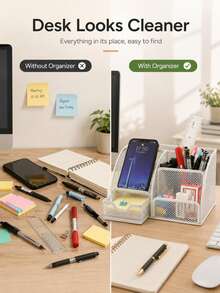 Desk Organizer With Drawer And Pen Holder, Large Capacity Desktop Storage Solution, Suitable For Home And School, Essential Stationery Storage, Applicable For Living Room, Dining Table, Coffee Table, Office Desk Decoration, Housewarming Gift - Multicolor - View 3