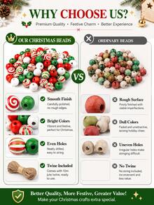 105pcs Christmas Wooden Beads Set (Includes Jute Rope) - Red, Green, White Three-Color Mint Candy Shaped Round Wooden Beads, Suitable For DIY Wreaths, Tiered Tray Decor And Handmade Crafts - Multicolor - View 6