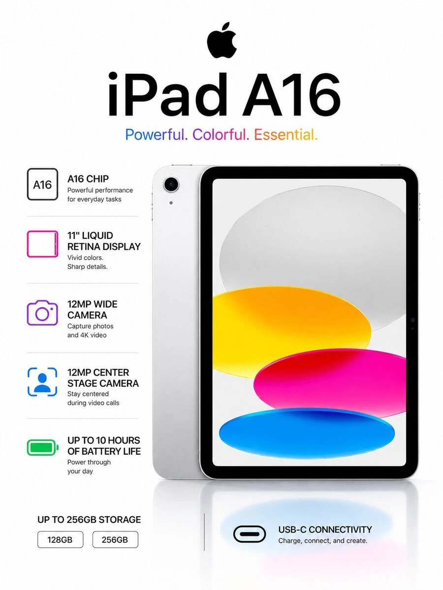 Apple Tablet iPad (11.ª generación) 2025 nueva Pantalla Liquid Retina 12 millones de cámaras traseras con interfaz USB-C 11 pulgadas Versión WLAN Chip A16 plata - Plateado - Ver 1