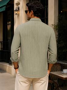 Men's Slim-Fit Striped Casual Long-Sleeve Button-Up Shirt - Soft Textured Cotton-Linen Blend Breathable Shirt For Modern Smart-Casual & Everyday Wear - Khaki - View 3