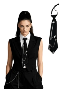 Halloween Hip-Hop Style Tie, Black Pre-Tied Necktie With Silver Star Chain And Rhinestone Decor, Punk Gothic Costume Accessory, Suitable For Men And Women Role Play Party, Student Wear, Holiday Gift - Multicolor - View 2