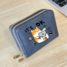 Cat Print Card Holder, Lightweight Fashionable Women's Wallet, Suitable For Daily Use, Double Zipper Mini Wallet/Coin Purse/Card Holder - Multicolor - View 12