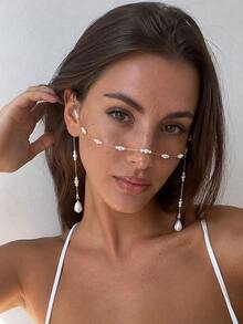 1pc Women's Faux Pearl Face Chain With Water Drop Tassel, Suitable For Summer Beach Vacation, Wedding Party And Holiday Gift, Exquisite Elegant Fashion Accessory (Hand-Cut Chain To Appropriate Length, Random Number Of Pearls) - Gold - View 1
