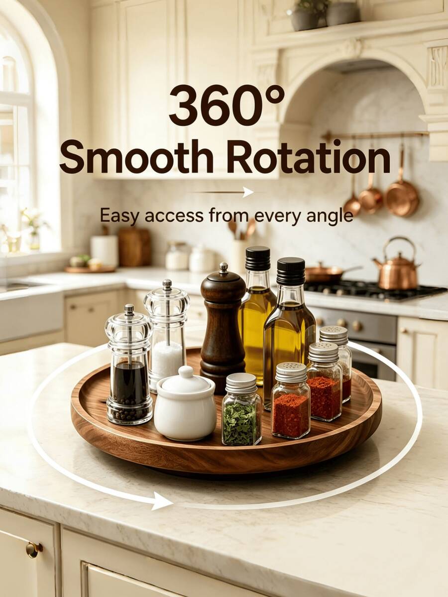 1PC Round Rotating Tray, 360° Swivel Solid Wood Spice Tray, Multi-Functional Serving Plate, Household Kitchen Round Seasoning Jar Storage Tray, Rotating Wooden Spice Bottle Organizer, Countertop Oil & Salt Shaker Storage Turntable, Used For Kitchen Storage, Food Storage, Home Decor, Table Centerpiece, Kitchen Supplies And Bathroom Tray, Multi-Functional Rotating Storage Tray, Desktop Organizer, Kitchen Supplies Display, Kitchen Tools - View 1