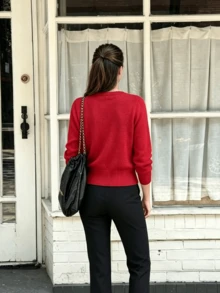 Women's Autumn/Winter Elegant Casual Knit Cardigan, Solid Color Minimalist Round Neck Same-Color Button Knit Cardigan, Suitable For Daily Commute And Outings - Red - View 2