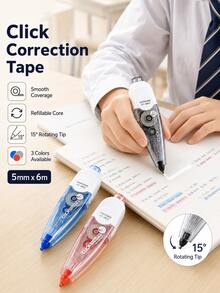 3pcs Aesthetic Press-Type Correction Tape Set, Refillable Large Capacity White Out Tape, Portable Smooth Correction Roller With Refills For Middle & High School Students, School Supplies & Office Stationery - Multiple Options Available - View 1