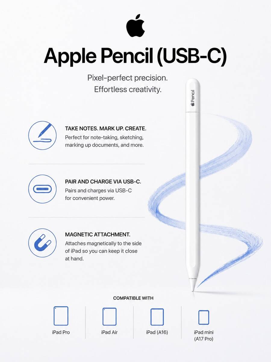 Apple Stylus Pencil (USB-C) Magnetic Stylus Capacitive Pen Compatible With Ipad Mini (A17 Pro)/IPad Pro (M4)/IPad Air (M2)/IPad10 And Other Models - White - View 1