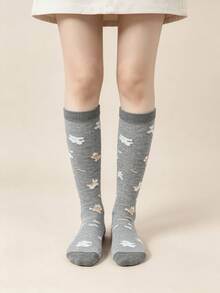 1 Pair Grey Soft Cute Animal Print Comfortable Calf Socks - Multicolor - View 2
