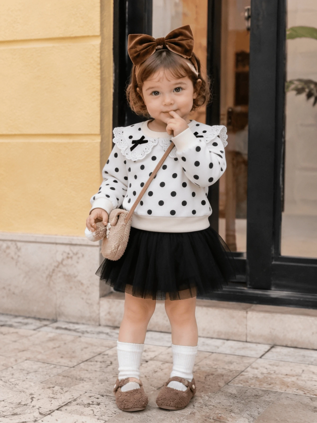 Girls 2pcs Set Autumn Fashion Cute Black & White Polka Dot Lace Collar Ruffle Bow Long Sleeve Sweatshirt Top With Black Mesh Skirt Casual Outfit - Black and White - View 1