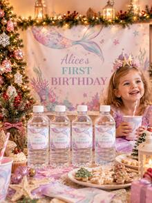 客製化美人魚主題水瓶標籤，個性化姓名生日水瓶貼紙，適用於兒童生日、嬰兒洗禮和幼兒派對「水下世界」主題裝飾貼紙，女嬰客製化派對小禮物，兒童聖誕禮物 - 彩色 - 查看 5