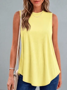3pcs Women's Round Neck Loose Solid Color Sleeveless Tank Tops, Polyester Blend, Machine Washable, Soft All-Season Casual Camisoles Summer - Pink, Blue, Yellow - View 2