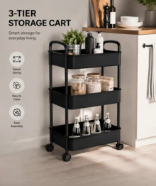 3‑Tier Rolling Storage Trolley On Wheels, Slim Mobile Rack For Kitchen Bathroom Laundry Narrow Space - Black - View 2