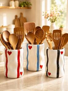 1pc Cute Heart Striped Kitchen Utensil Holder, Large Capacity Countertop Organizer, Suitable For Spatulas, Spoons And Cooking Tools, Wavy Storage Bucket, Modern Kitchen Decor, Housewarming Gift, Red/Blue/Black Optional - Heart Ripple - View 1