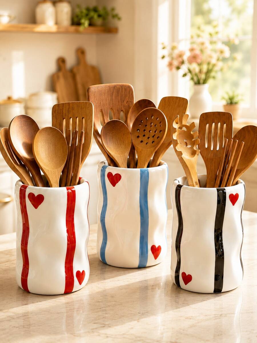 1pc Cute Heart Striped Kitchen Utensil Holder, Large Capacity Countertop Organizer, Suitable For Spatulas, Spoons And Cooking Tools, Wavy Storage Bucket, Modern Kitchen Decor, Housewarming Gift, Red/Blue/Black Optional - Heart Ripple - View 1