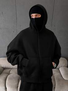 Men Full Zip‑Up Hoodie With Built‑In Face Mask Solid Color Drop‑Shoulder Loose Casual Jacket - Black - View 2