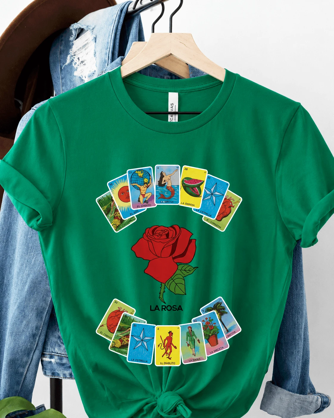 Camiseta de algodón con estampado lotería mexicana casual de moda para mujer - Verde - Ver 1