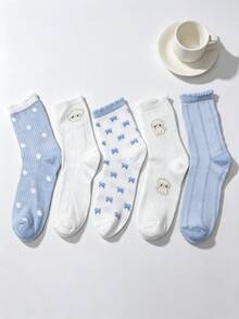 1/5 Pairs Blue & White Floral Cute Puppy Bow Mid-Calf Socks - Multicolor - View 16