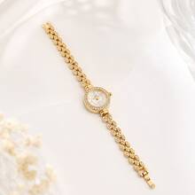 1pc Fashionable Gold Quartz Watch, Women's Elegant Round Dial Rhinestone Watch, Daily Gift - Style 1 - View 5