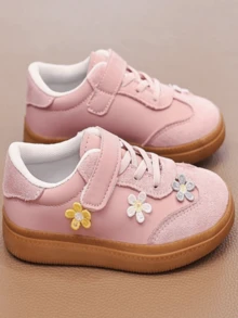 Girls' Embroidered Floral Slip-On Sneakers, All-Season Wear, Hook & Loop Closure, Soft Sole, Non-Slip, Versatile, Comfortable, Patchwork Upper, Cute Casual Shoes - Pink - View 3