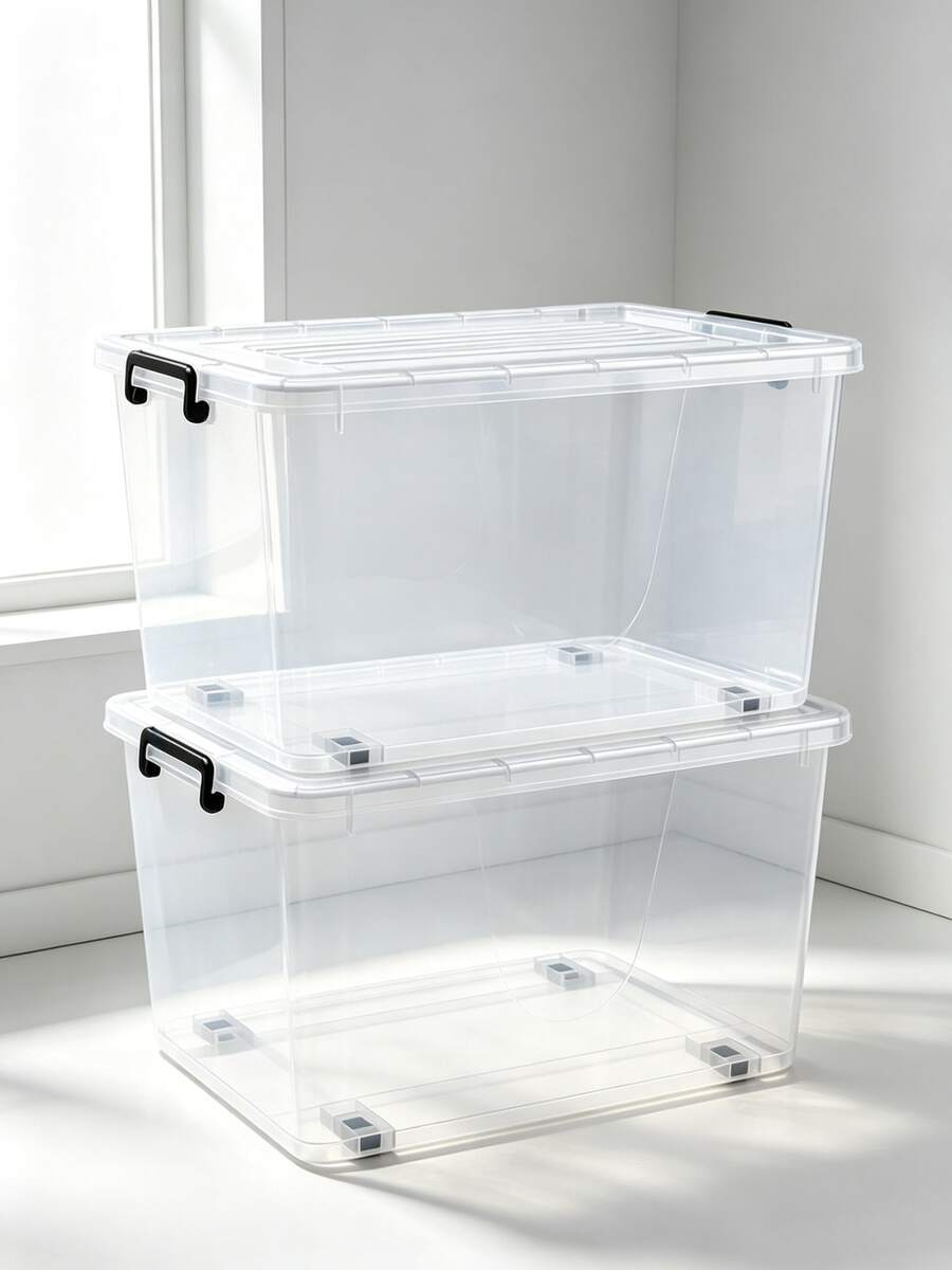 2pcs/1pc Clear Plastic Storage Box With Lid, Stackable Storage Bin With Wheels & Locking Handles, Transparent Organizer Container,Durable,Space Saving Organizer Container For Clothes Books, 6 Sizes, Transparent/Black - Style A-transparent - View 1