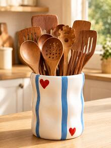 1pc Cute Heart Striped Kitchen Utensil Holder, Large Capacity Countertop Organizer, Suitable For Spatulas, Spoons And Cooking Tools, Wavy Storage Bucket, Modern Kitchen Decor, Housewarming Gift, Red/Blue/Black Optional - Heart Ripple - View 3