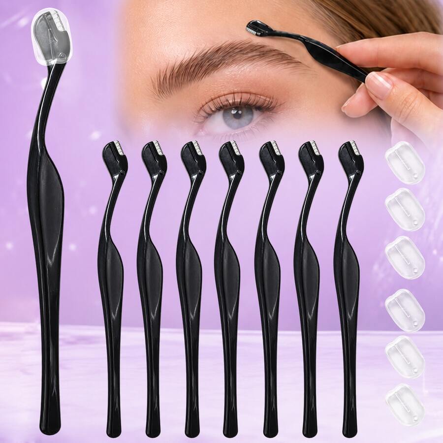 MONKIDS 8 buah Pisau Cukur Alis Stainless Steel dengan Tutup Pelindung, Pemangkas Alis Mikro-Pisau Portabel, Alat Rias Pembentuk Alis Presisi dan Penghapus Bulu Wajah yang Ramah untuk Pemula - Hitam - View 1