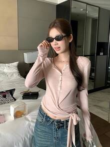 Sweet Casual Slim Fit Tie-Front Henley Collar Long Sleeve T-Shirt Women Top - Pink - View 3