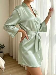 1pc Women's Solid Color Elegant Tie-Front Thin Cool Sexy Short Bathrobe Silk Comfortable Morning Robe For Home Use - Mint Green - View 4
