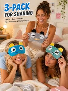 3pcs Cute Funny Cartoon Plush Sleep Eye Mask Set, Soft Comfortable Light-Blocking Eye Cover With Adjustable Elastic Strap, 3 Different Face Designs For Travel, Nap, Sleepover & Pajama Party - KM Style - View 2