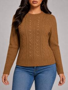 Round Neck Sweater With Nice And Warm Pearls - Cafe - View 3